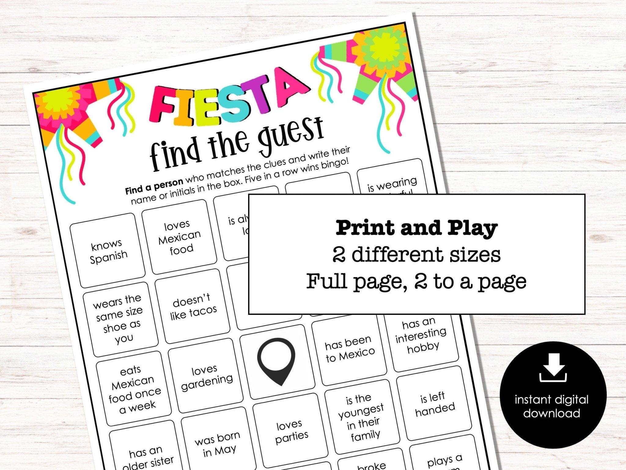 Fiesta Party Find the Guest Bingo, Find Someone Who Party Game, Printable Game, Fun Ice breaker Game for Cinco De Mayo Parties. Adults, Kids