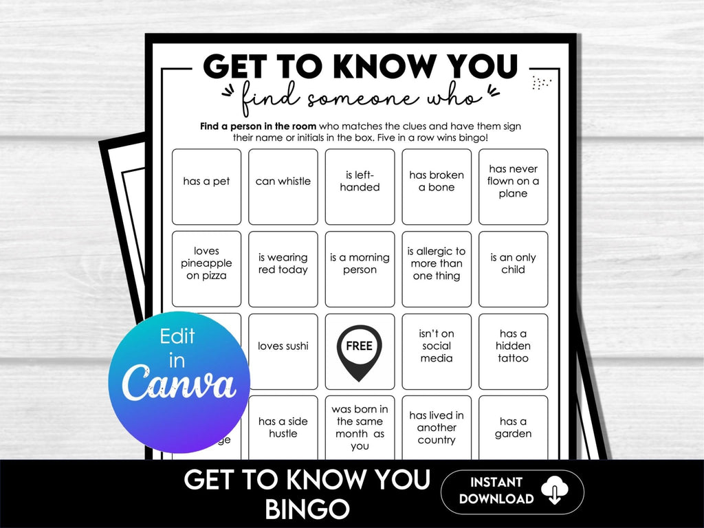 Find The Guest Bingo Game, Icebreaker Party Game, Fun Work Game, Group Event Game, Get To Know You Game, Human Bingo with Editable Prompts - Before The Party