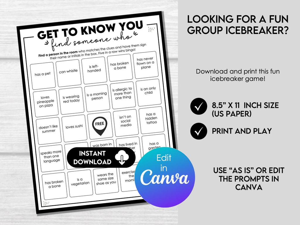 Find The Guest Bingo Game, Icebreaker Party Game, Fun Work Game, Group Event Game, Get To Know You Game, Human Bingo with Editable Prompts - Before The Party