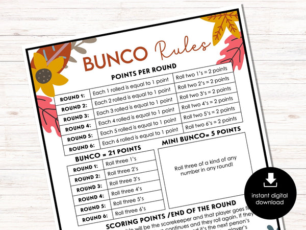 FREE Fall Theme Bunco Rule Sheets - Before The Party