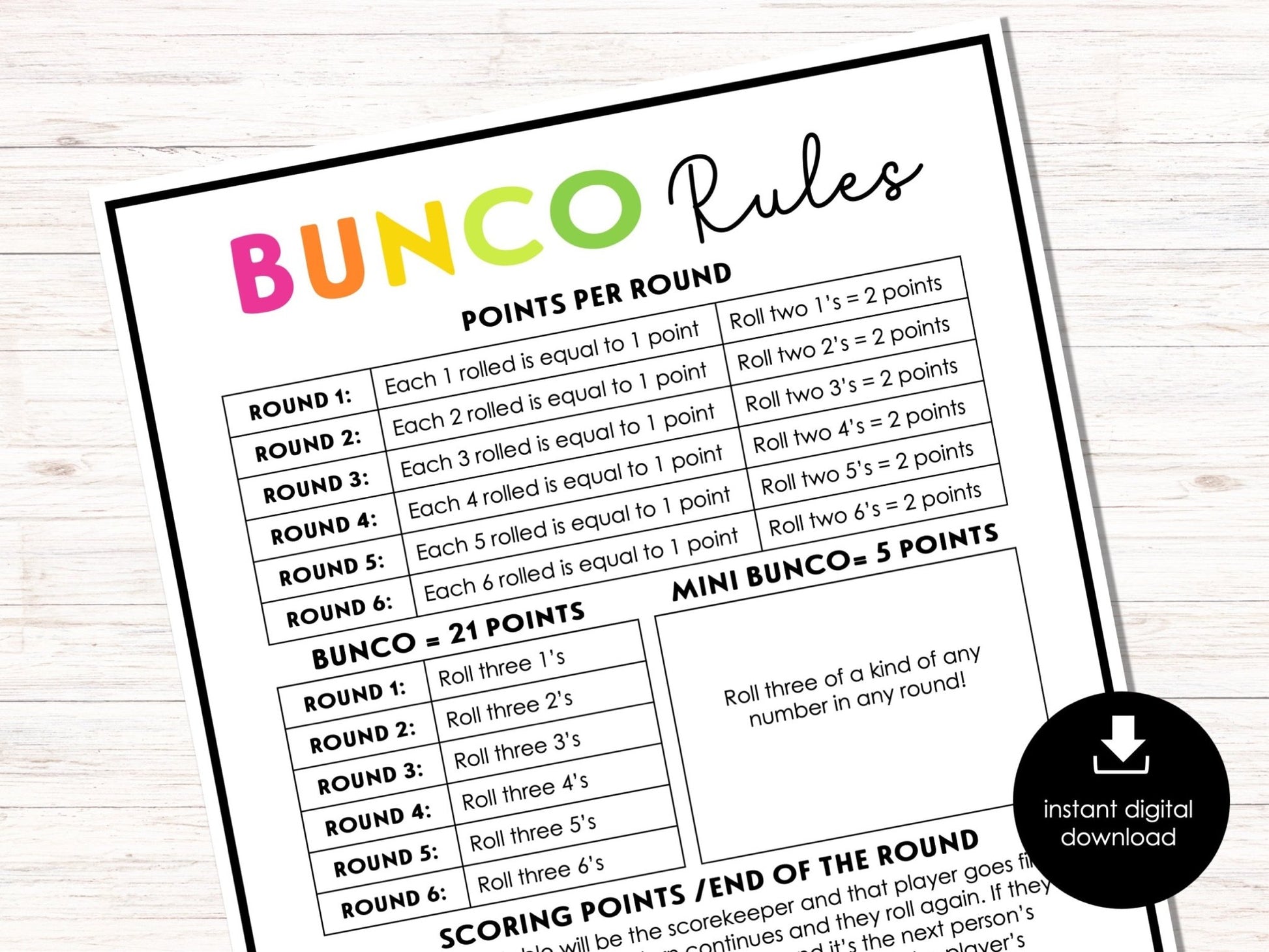 FREE Simple Theme Bunco Rules Sheets Before The Party
