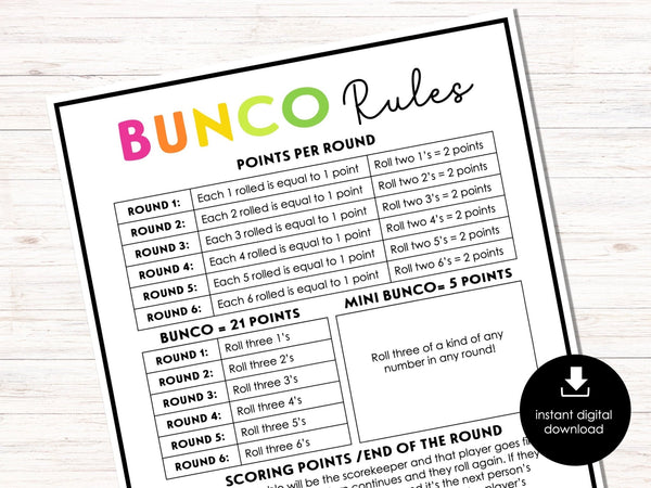 FREE Simple Theme Bunco Rules Sheets - Before The Party