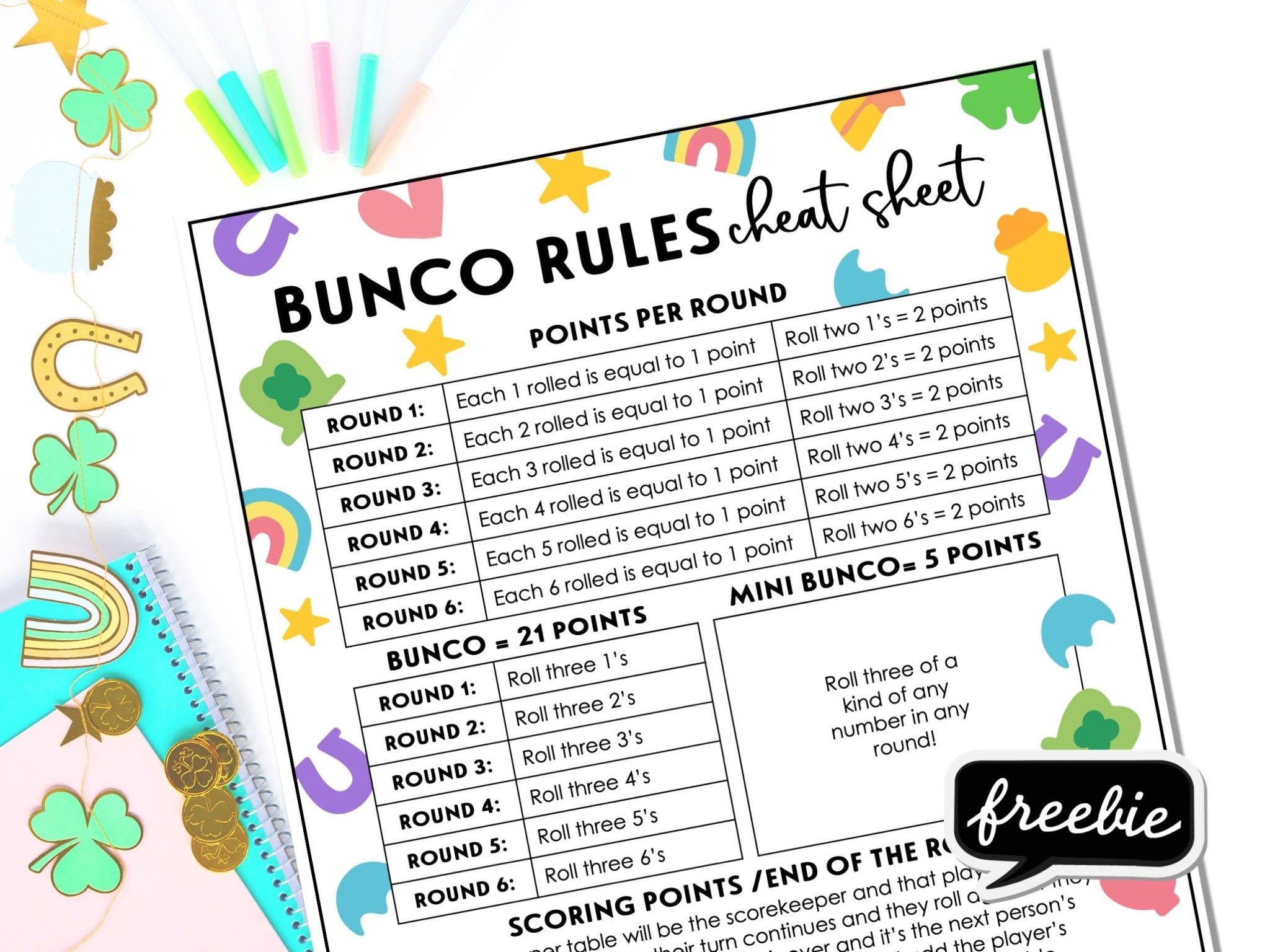 FREE St. Patricks's Day Lucky Theme Bunco Rule Sheets