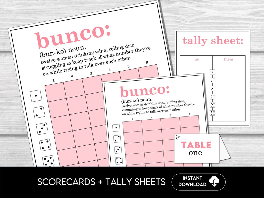 Funny Bunco Definition Scorecards for Bunco Night, includes Tally Sheets and Table Numbers - Before The Party