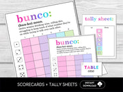 Funny Bunco Definition Scorecards for Bunco Night, includes Tally Sheets and Table Numbers, Simple Bunco Theme - Before The Party