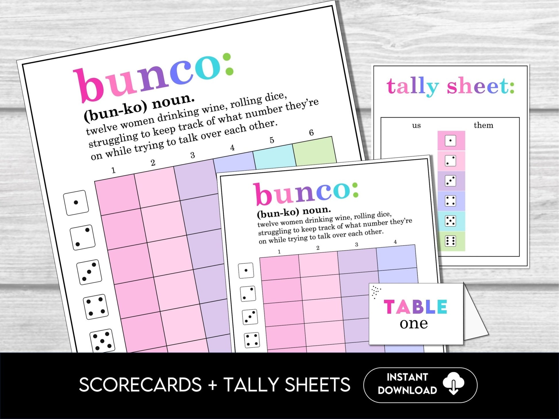 Funny Bunco Definition Scorecards for Bunco Night, includes Tally Sheets and Table Numbers, Simple Bunco Theme - Before The Party