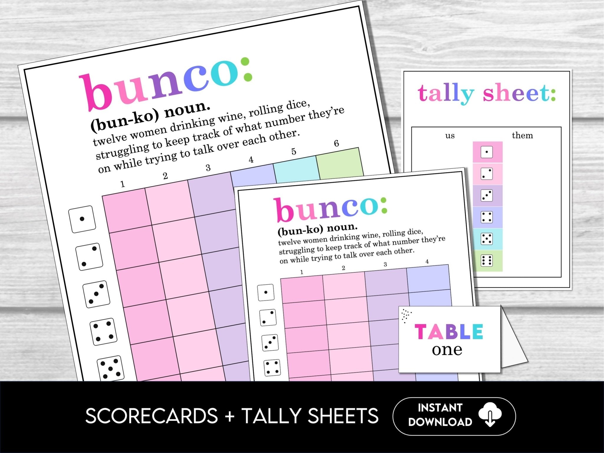 Funny Bunco Definition Scorecards for Bunco Night, includes Tally Sheets and Table Numbers, Simple Bunco Theme - Before The Party