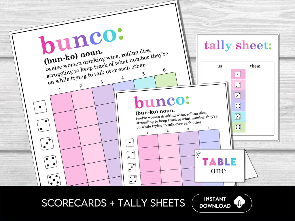 Funny Bunco Definition Scorecards for Bunco Night, includes Tally Sheets and Table Numbers, Simple Bunco Theme - Before The Party