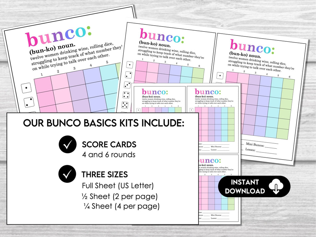 Funny Bunco Definition Scorecards for Bunco Night, includes Tally Sheets and Table Numbers, Simple Bunco Theme - Before The Party