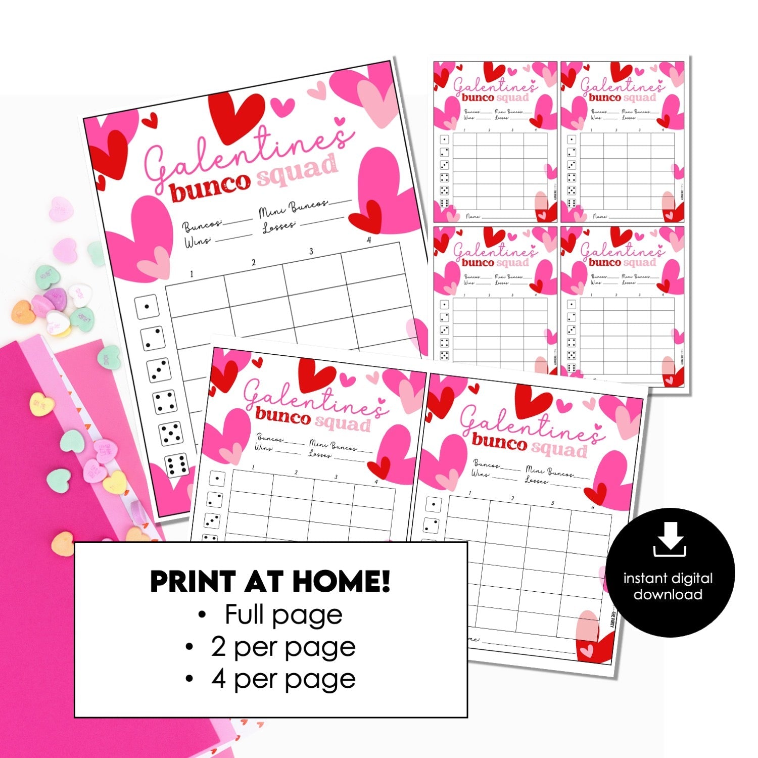 Galentine’s Day Bunco Score Cards – Printable Bunco Squad Score Sheets (Cards Only)