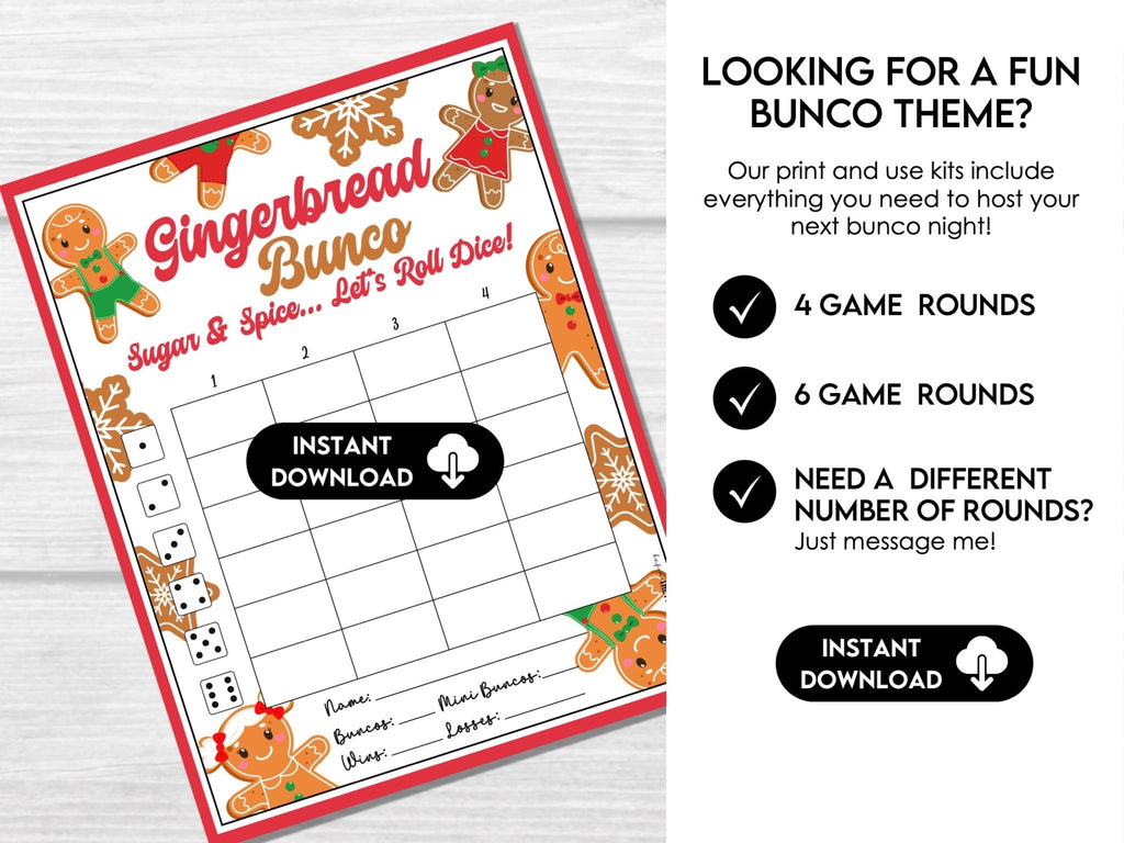 Gingerbread Bunco - Winter Bunco Score Cards, Printable Bunco Game, Merry Christmas Bunco Bundle with Tally Sheets, Gingerbread, Table Cards - Before The Party