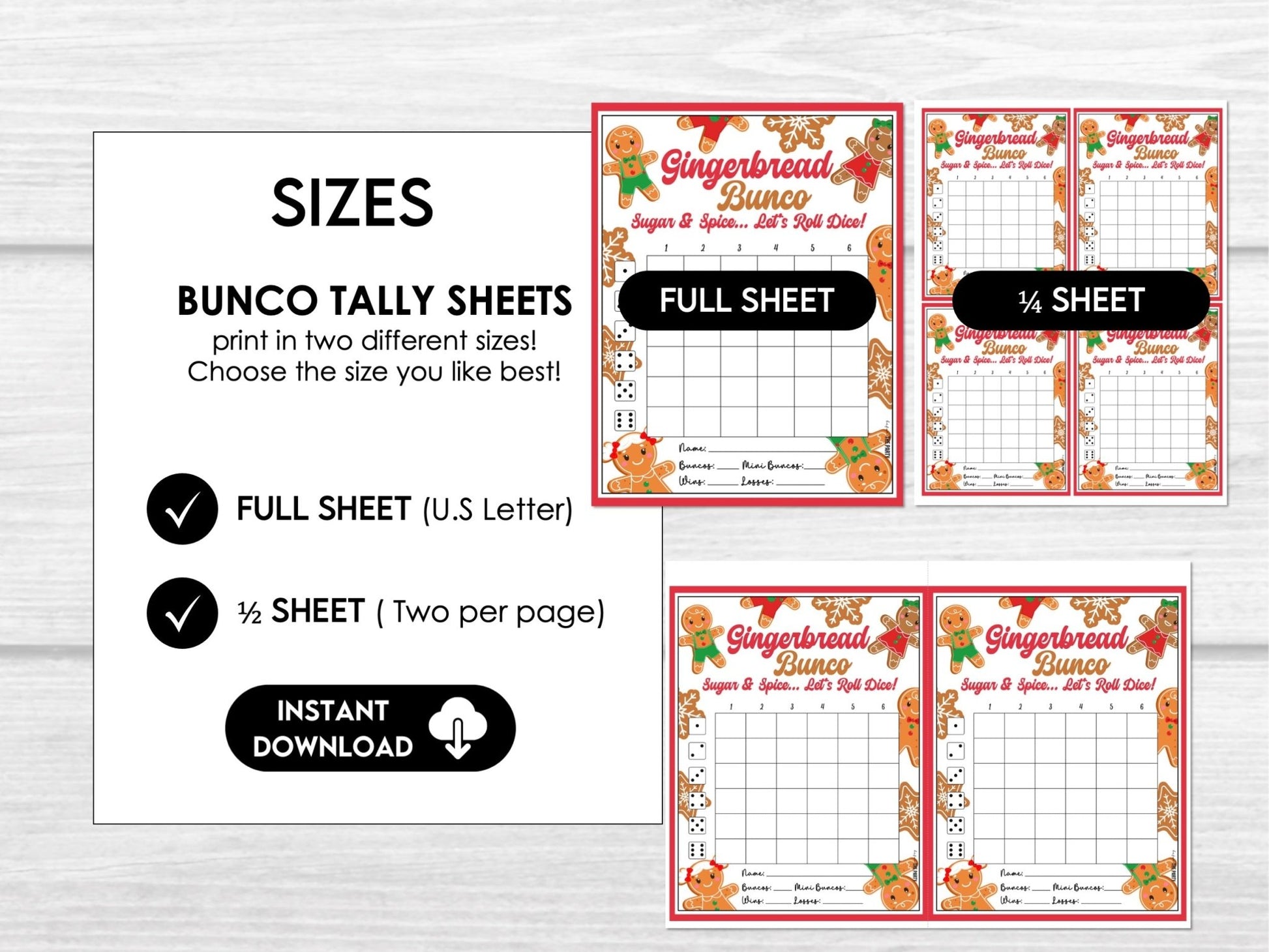 Gingerbread Bunco - Winter Bunco Score Cards, Tally Sheets, Table Cards