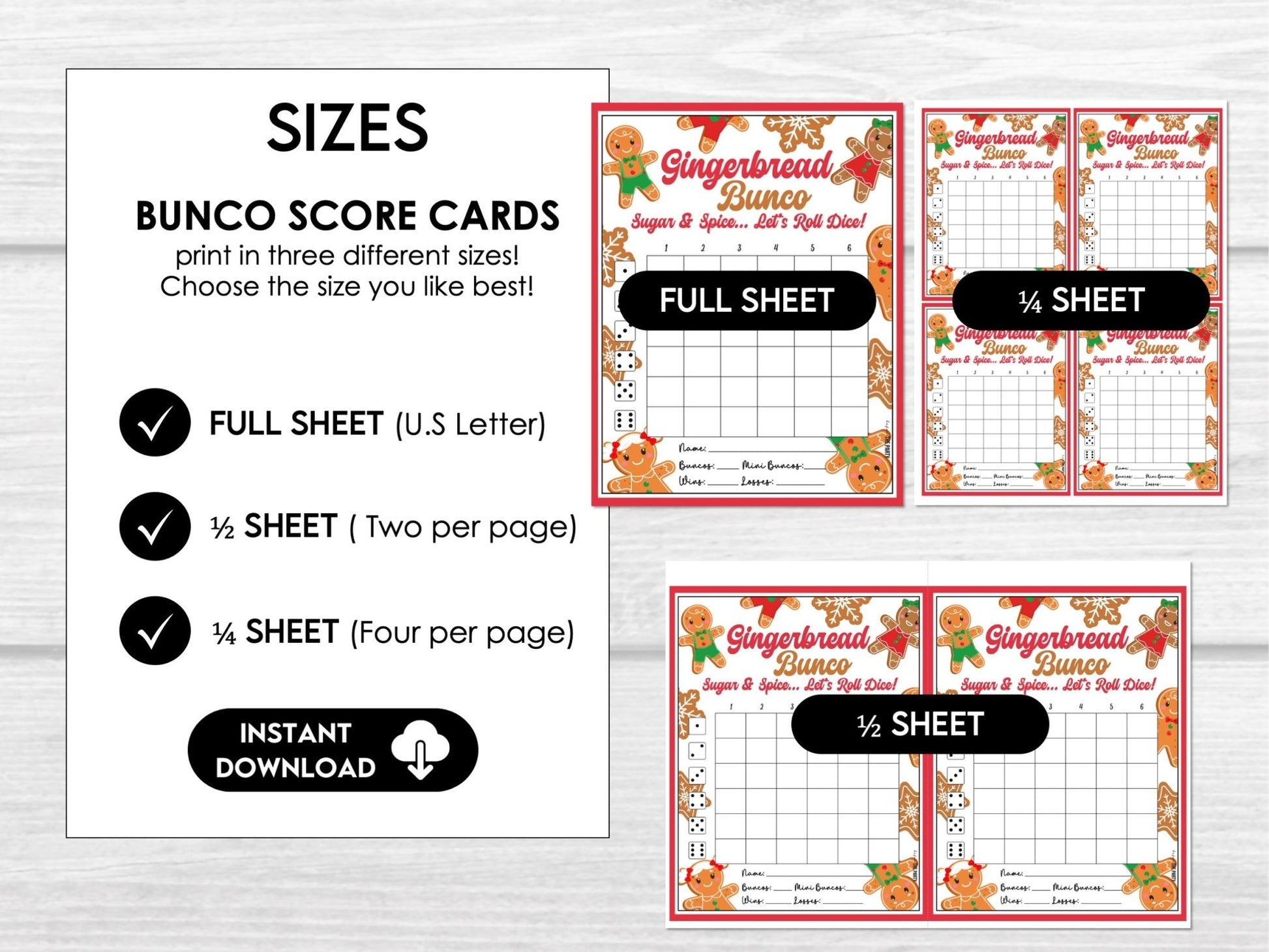 Gingerbread Bunco - Winter Bunco Score Cards, Tally Sheets, Table Cards