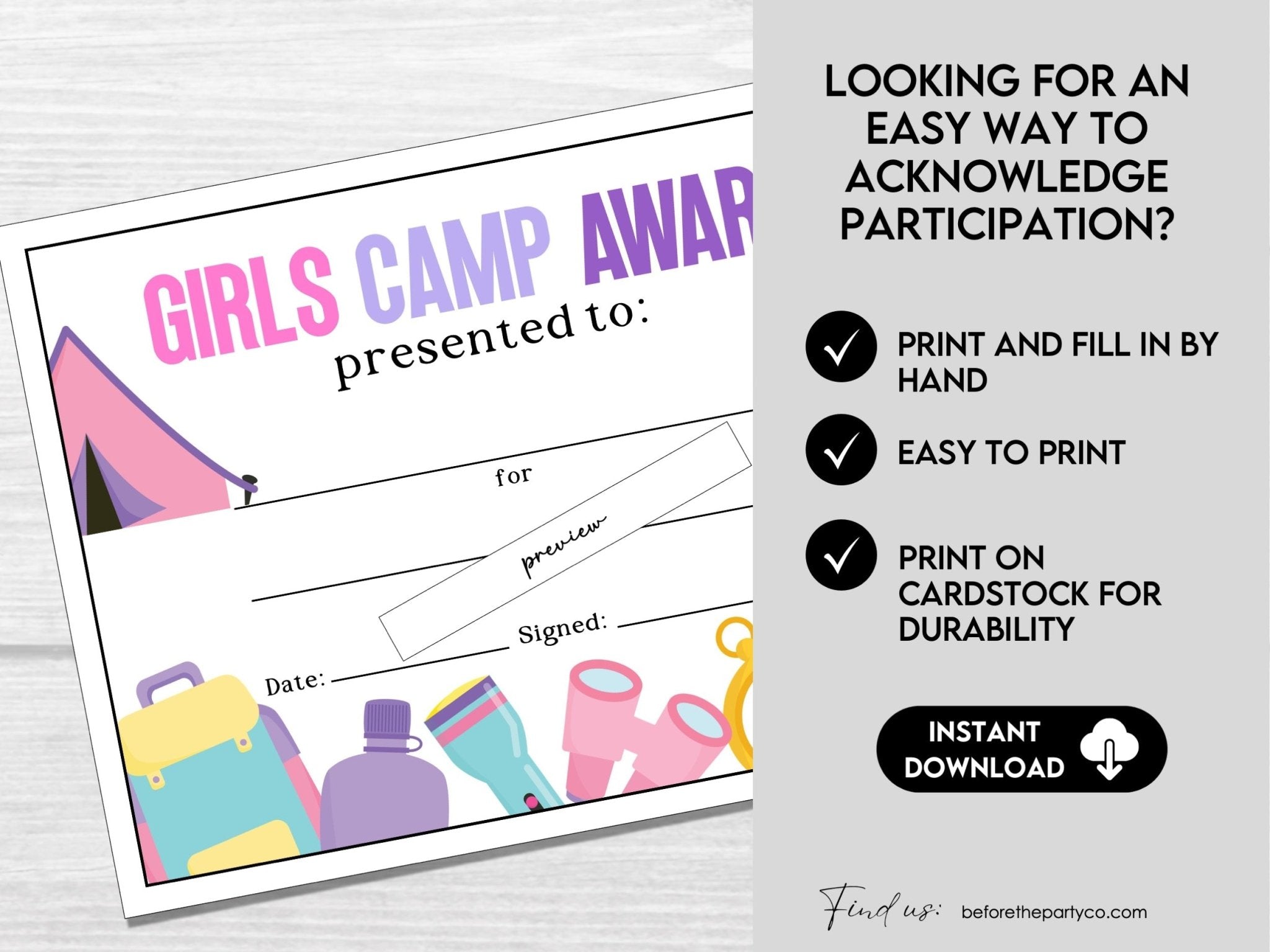 Girls Camp Awards, Summer Camp Certificate for Kids - Before The Party