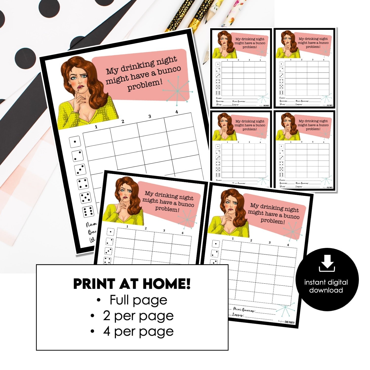 Girls Night Drinking Bunco Score Cards – Printable Instant Download (Cards Only)