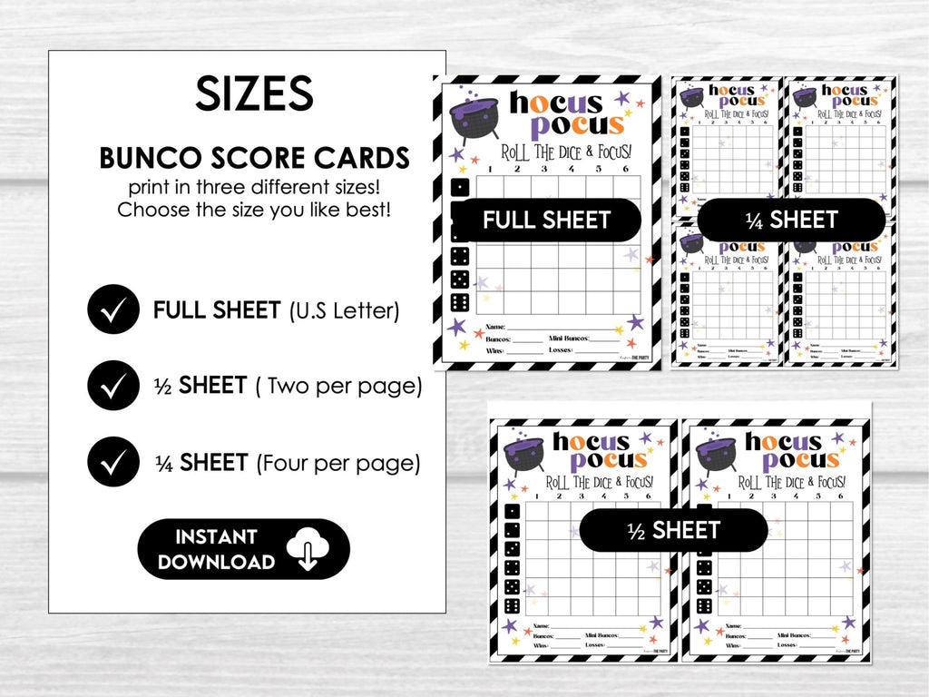 Halloween Bunco Score Cards, Hocus Pocus Score Sheets, October, Bunco Invitation, Halloween Theme - Before The Party