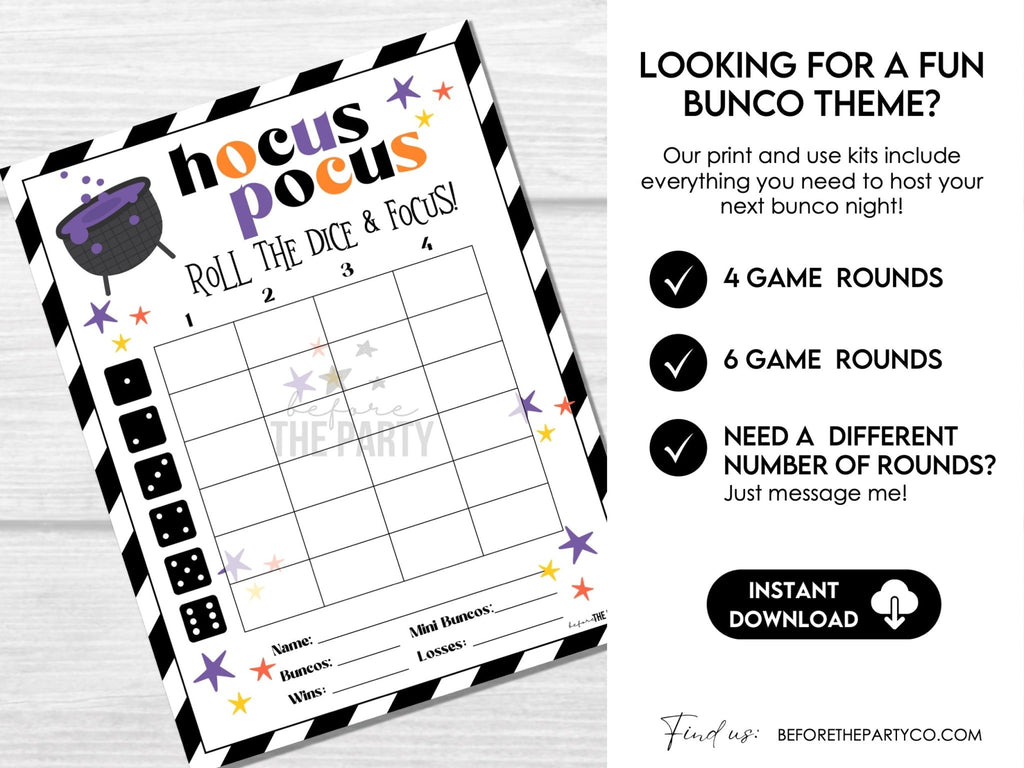 Halloween Bunco Score Cards, Hocus Pocus Score Sheets, October, Bunco Invitation, Halloween Theme - Before The Party