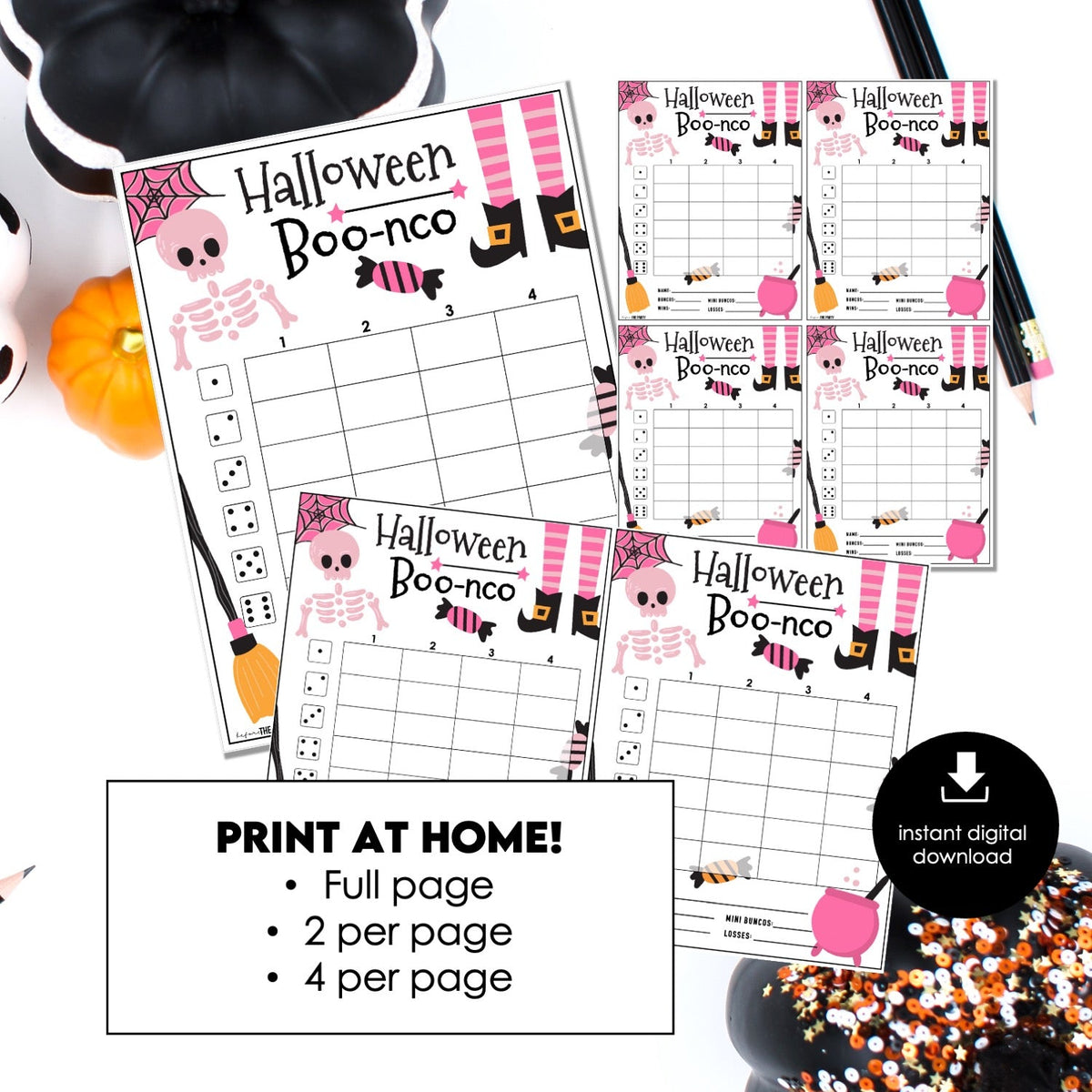 Halloween Bunco Score Cards – Pink Witch Printable Party Game (Cards Only)