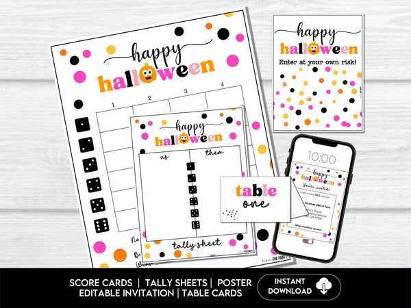 Halloween Pink Polka Dots & Pumpkins Bunco Sheets, Halloween Theme Bunco Party, Bunco Cards - Before The Party