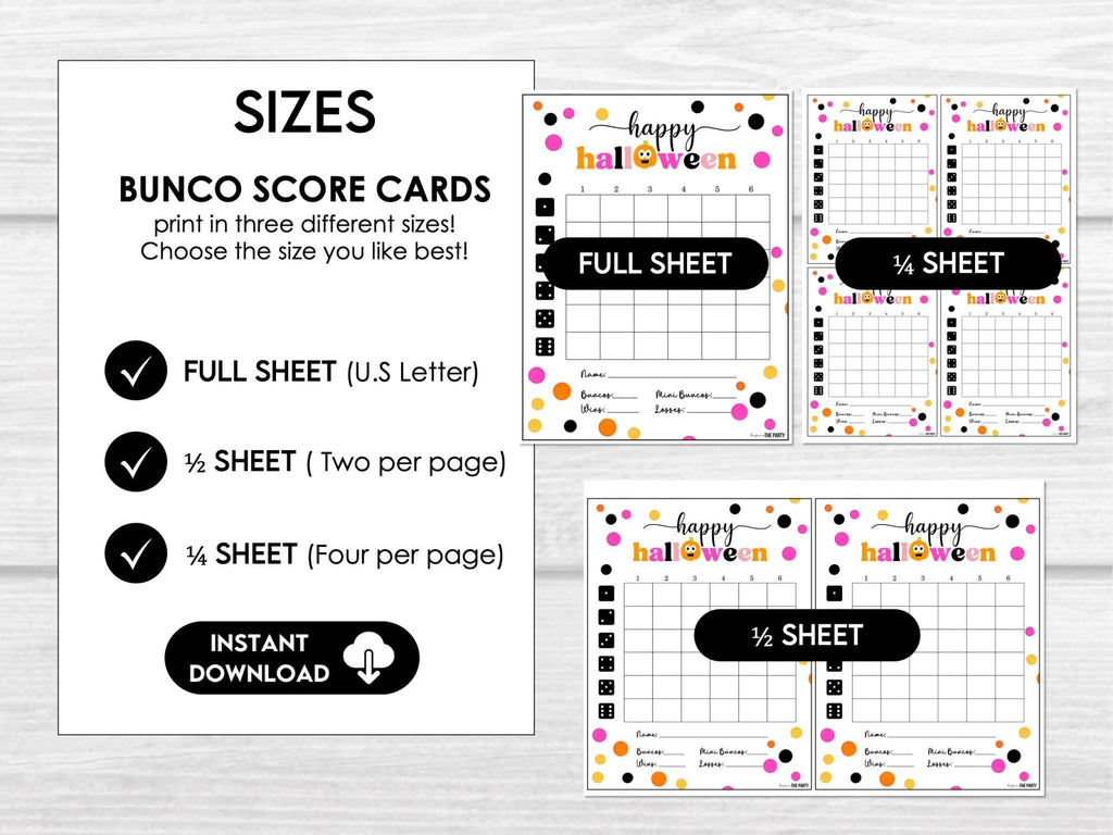 Halloween Pink Polka Dots & Pumpkins Bunco Sheets, Halloween Theme Bunco Party, Bunco Cards - Before The Party