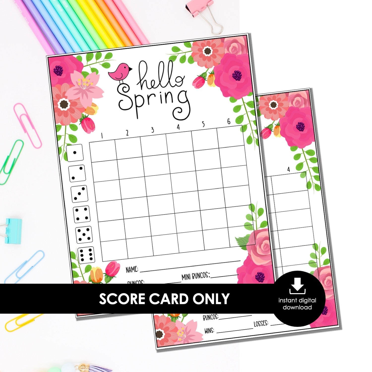 Hello Spring Bunco Score Card Only, Floral Bunko Printable, Spring Party Game, Instant Download