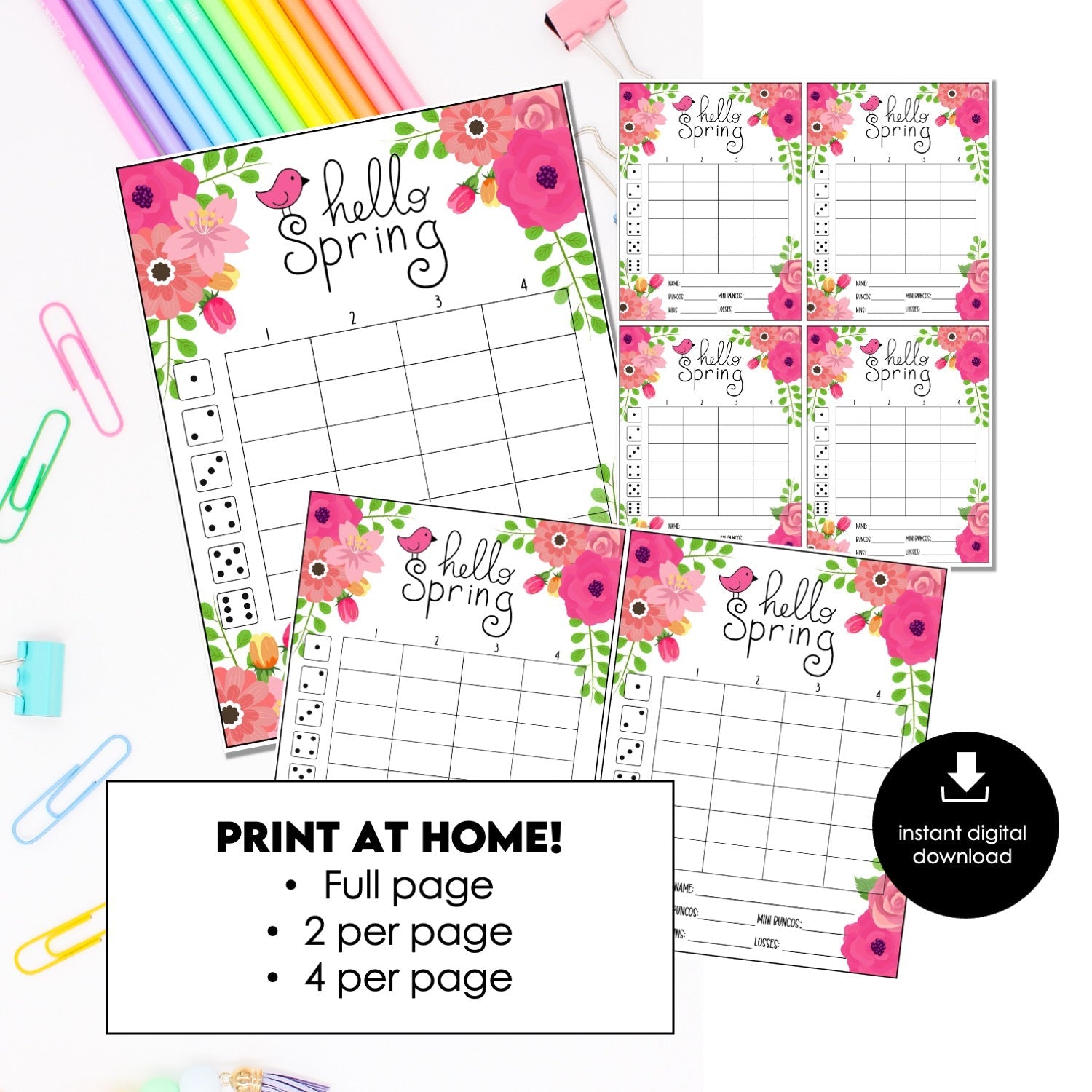 Hello Spring Bunco Score Card Only, Floral Bunko Printable, Spring Party Game, Instant Download