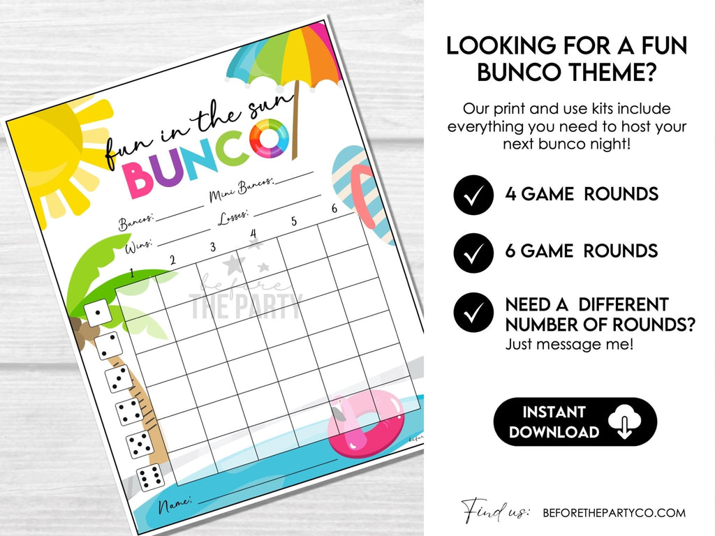 Hello Summer Bunco Score Cards - Beach Bunco Party Bunco Invitation - Before The Party