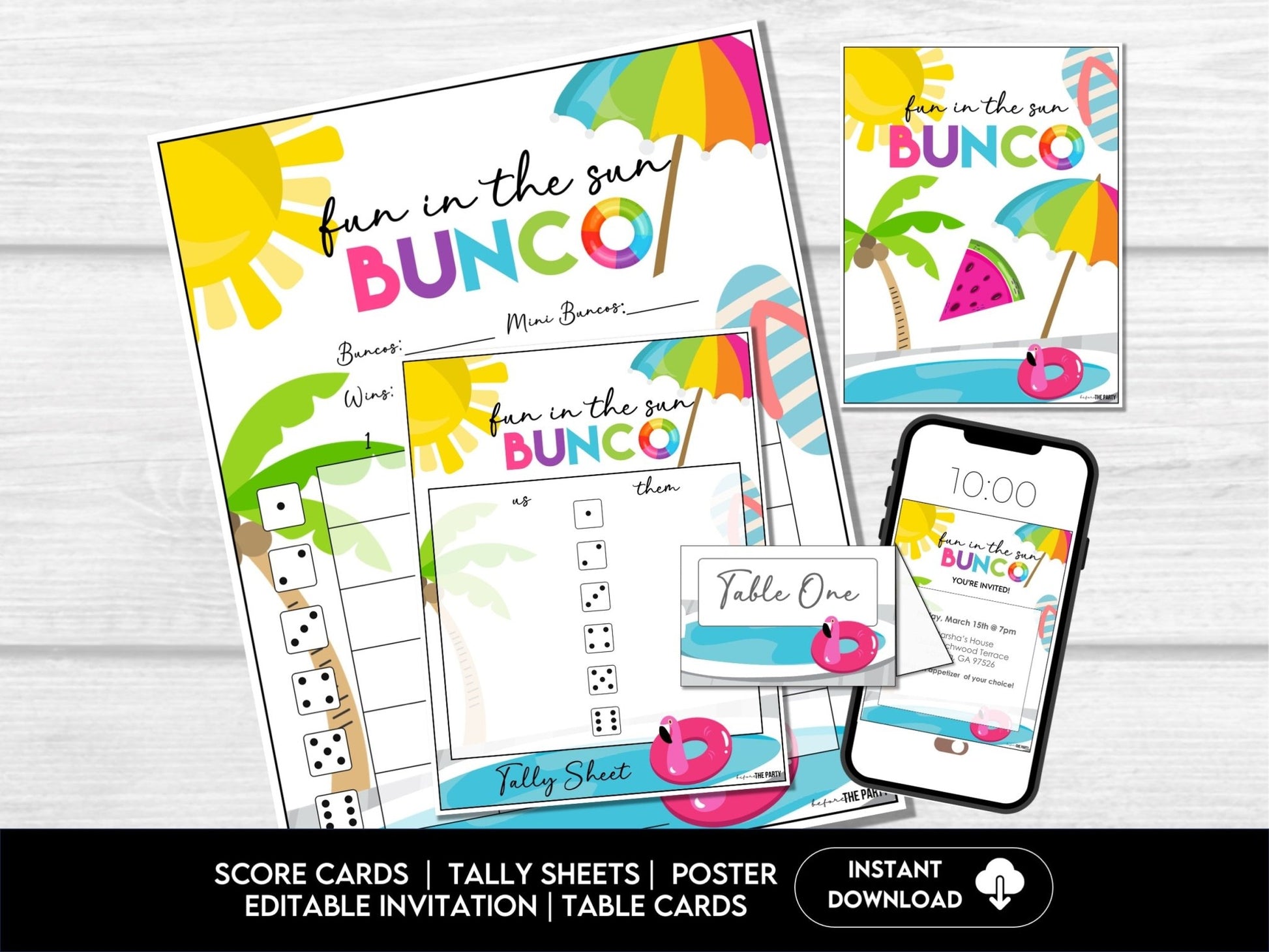 Hello Summer Bunco Score Cards - Beach Bunco Party Bunco Invitation - Before The Party