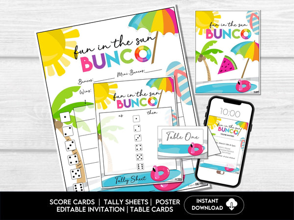 Hello Summer Bunco Score Cards - Beach Bunco Party Bunco Invitation - Before The Party