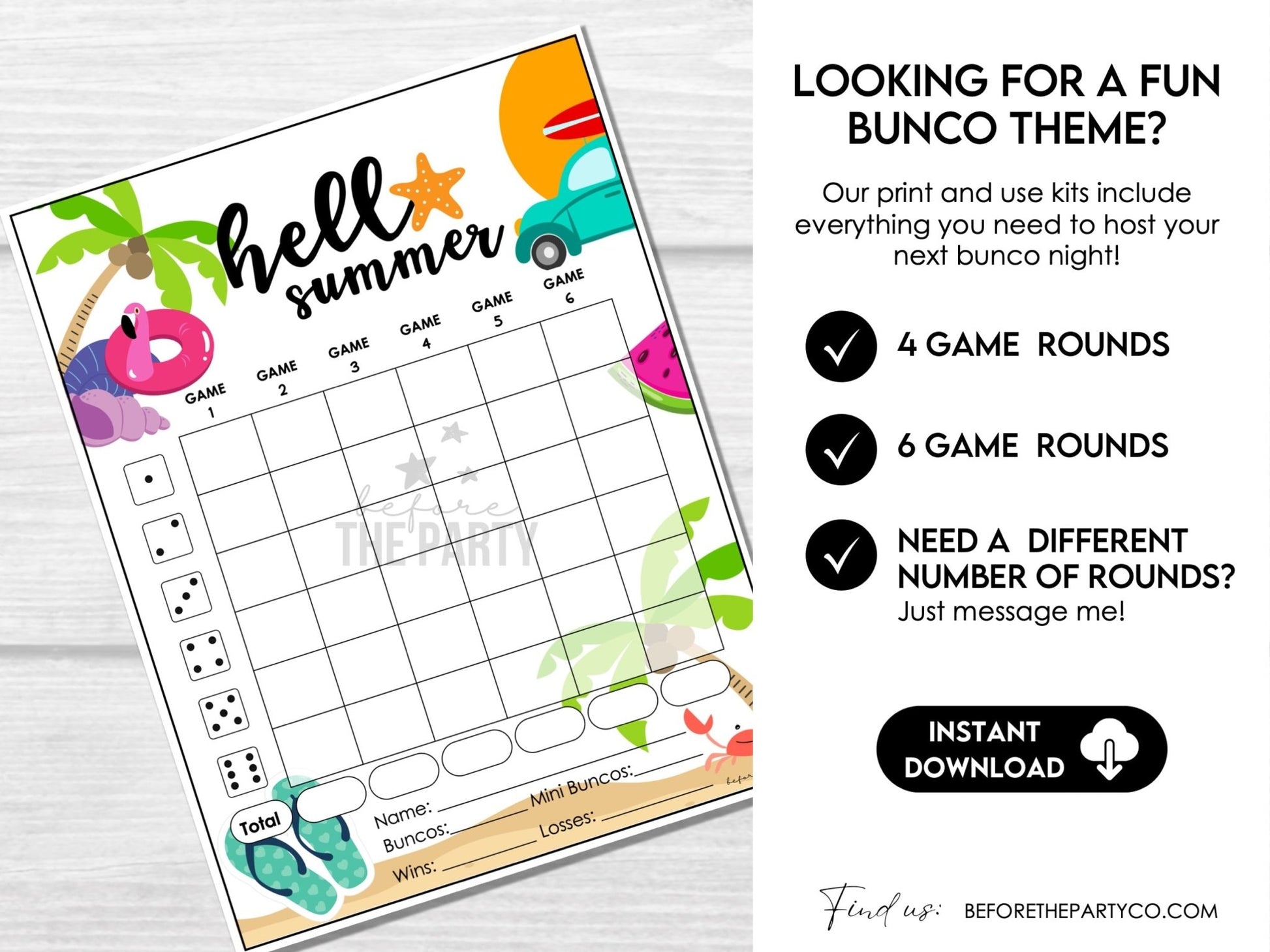 Hello Summer Bunco Score Cards - Beach Bunco Party Bunco Invitation, July, August Bunko - Before The Party