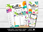 Hello Summer Bunco Score Cards - Beach Bunco Party Bunco Invitation, July, August Bunko - Before The Party
