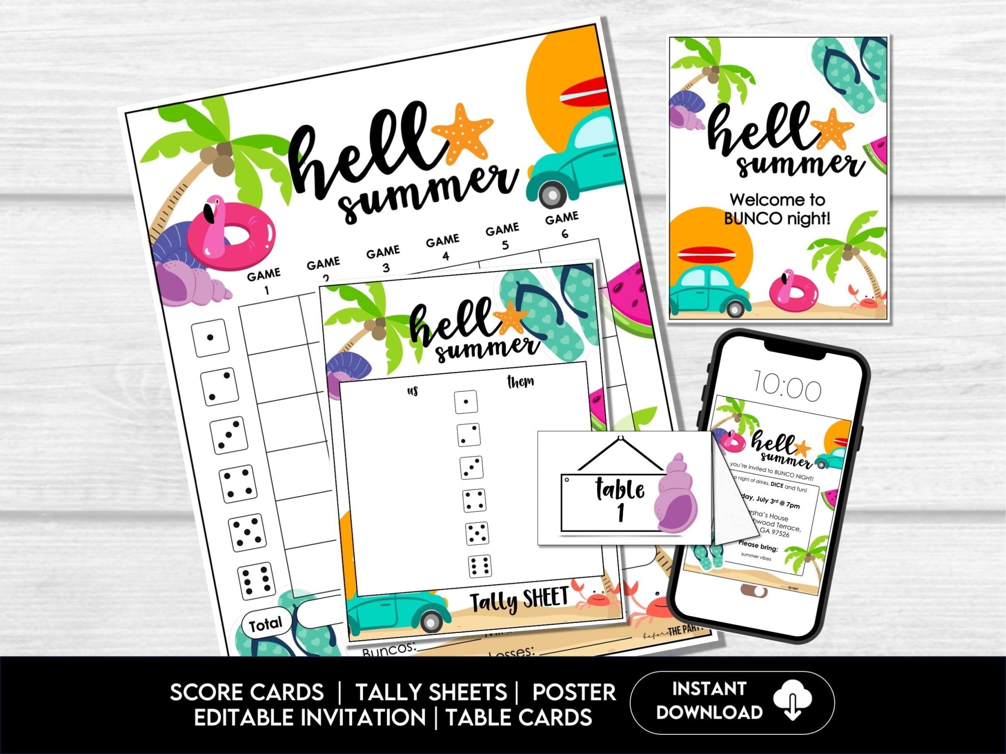 Hello Summer Bunco Score Cards - Beach Bunco Party Bunco Invitation, July, August Bunko - Before The Party