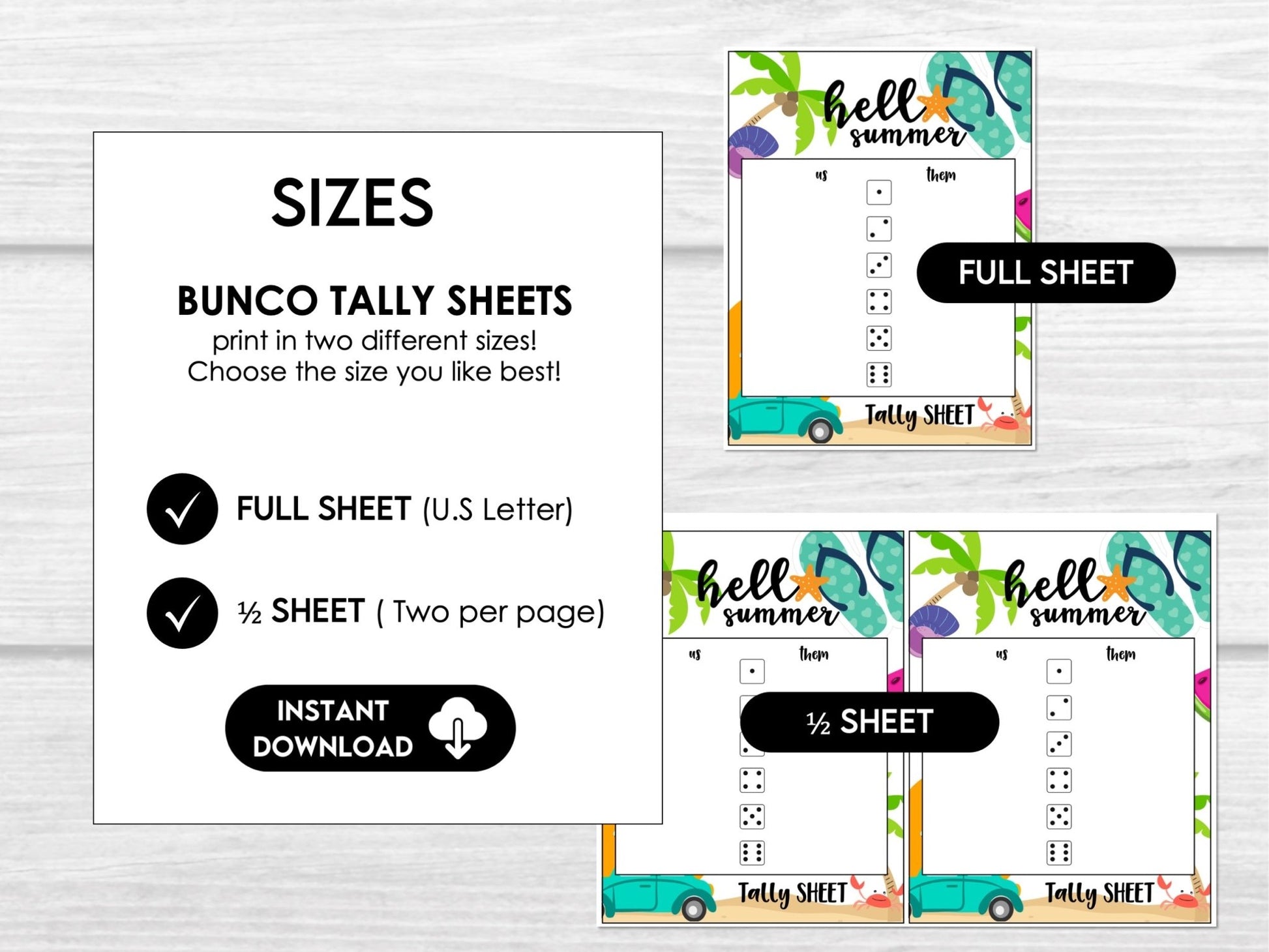 Hello Summer Bunco Score Cards - Beach Bunco Party Bunco Invitation, July, August Bunko - Before The Party