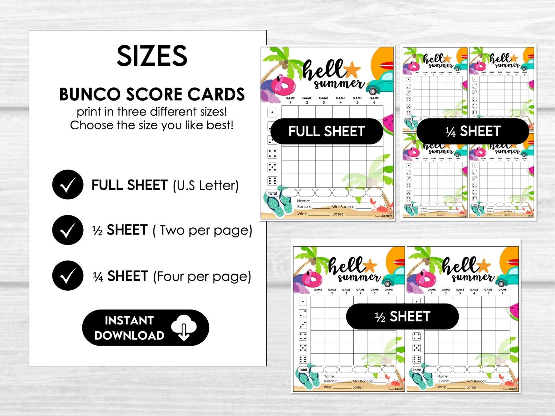 Hello Summer Bunco Score Cards - Beach Bunco Party Bunco Invitation, July, August Bunko - Before The Party