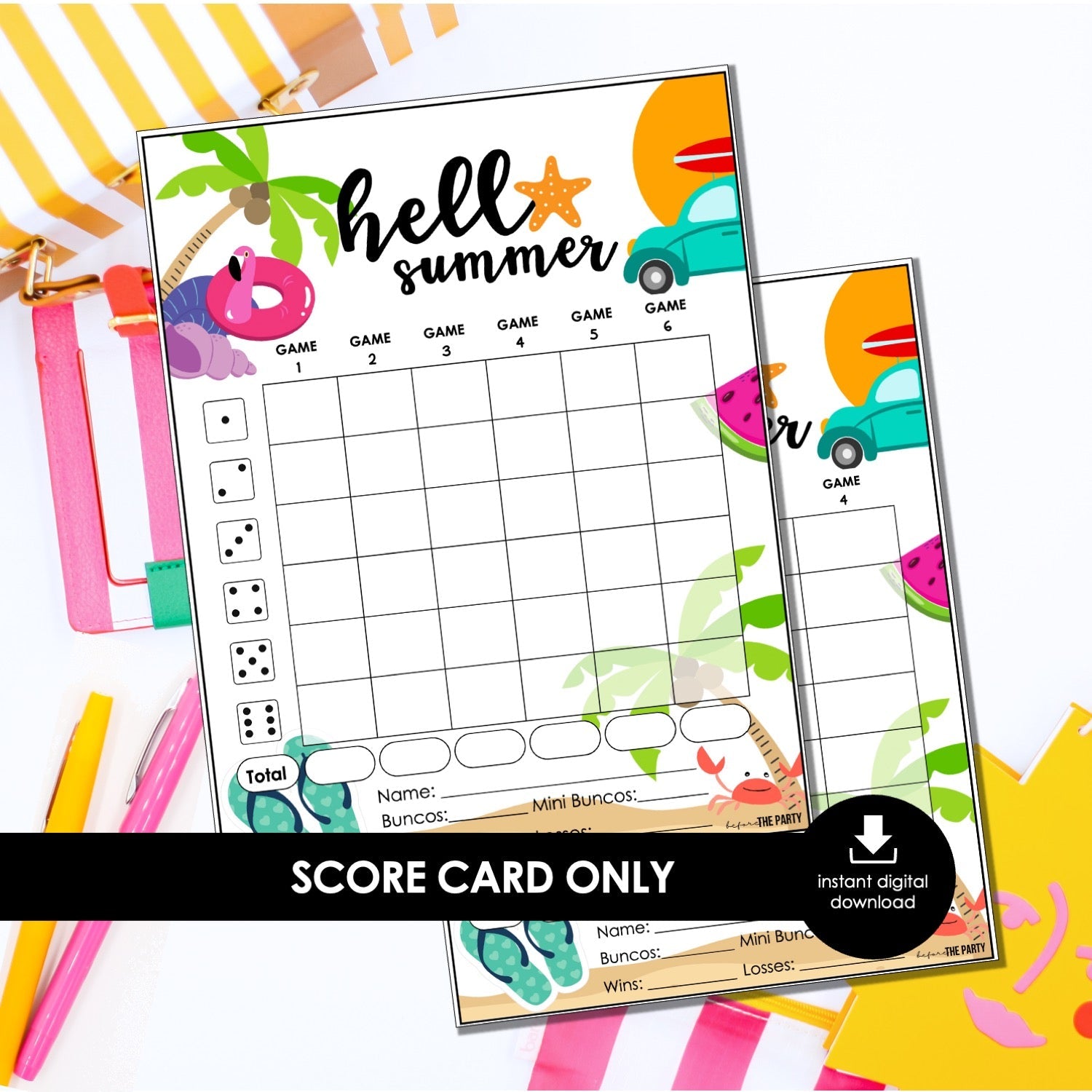 Hello Summer Bunco Score Cards – Summer Party Printable (Cards Only)