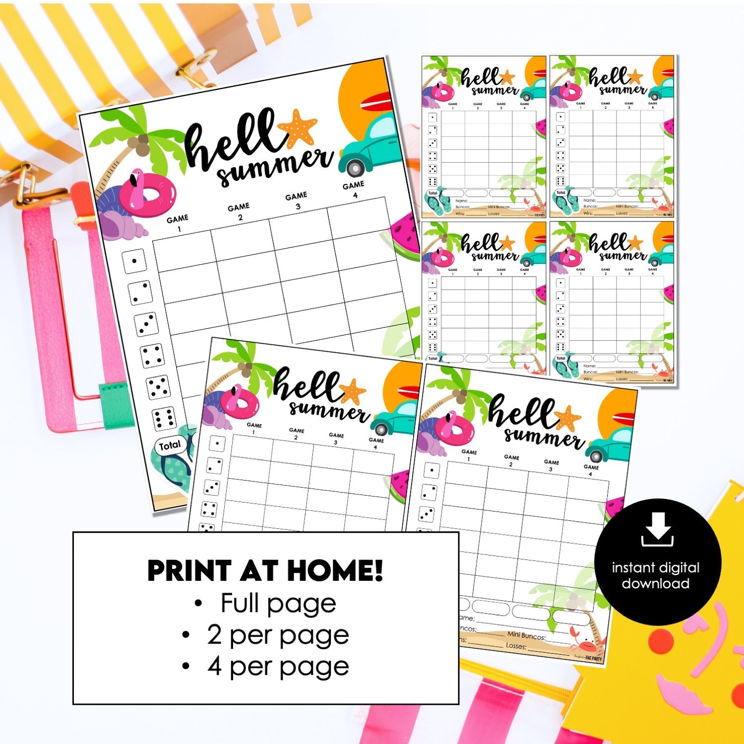 Hello Summer Bunco Score Cards – Summer Party Printable (Cards Only)