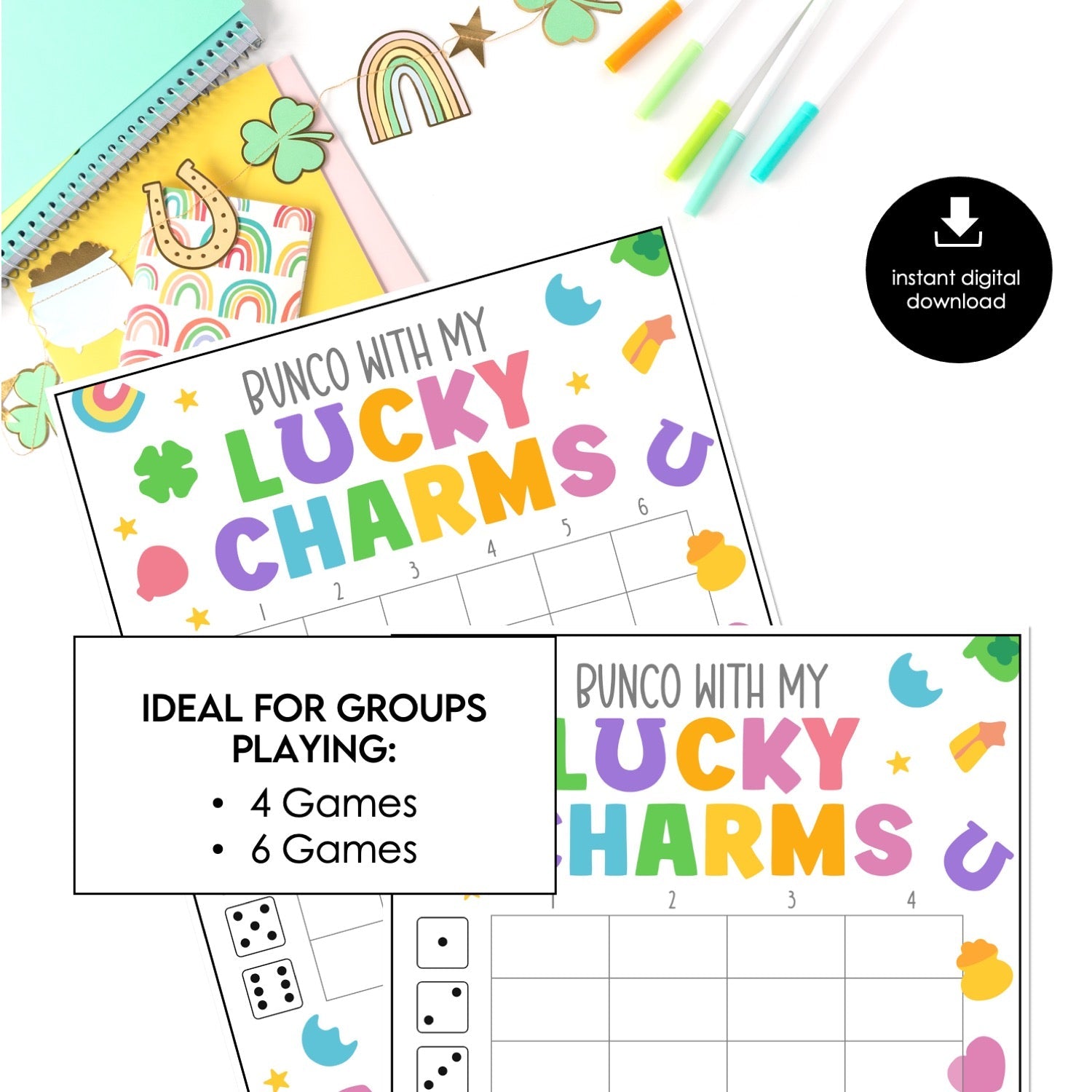 Lucky Charm Bunco Score Cards – St. Patrick’s Day Printable Bunco Score Sheets (Cards Only)