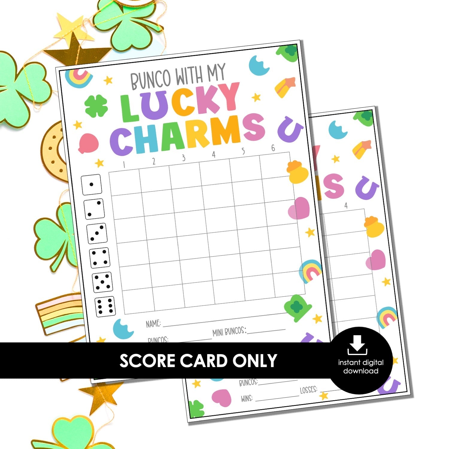 Lucky Charm Bunco Score Cards – St. Patrick’s Day Printable Bunco Score Sheets (Cards Only)