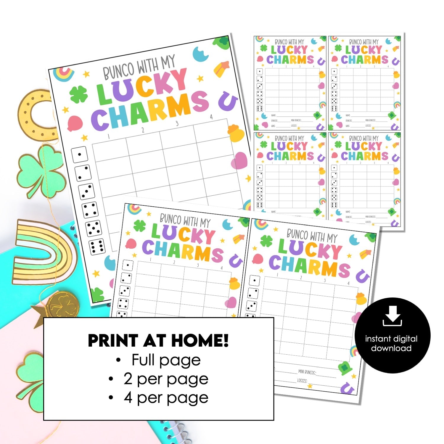 Lucky Charm Bunco Score Cards – St. Patrick’s Day Printable Bunco Score Sheets (Cards Only)
