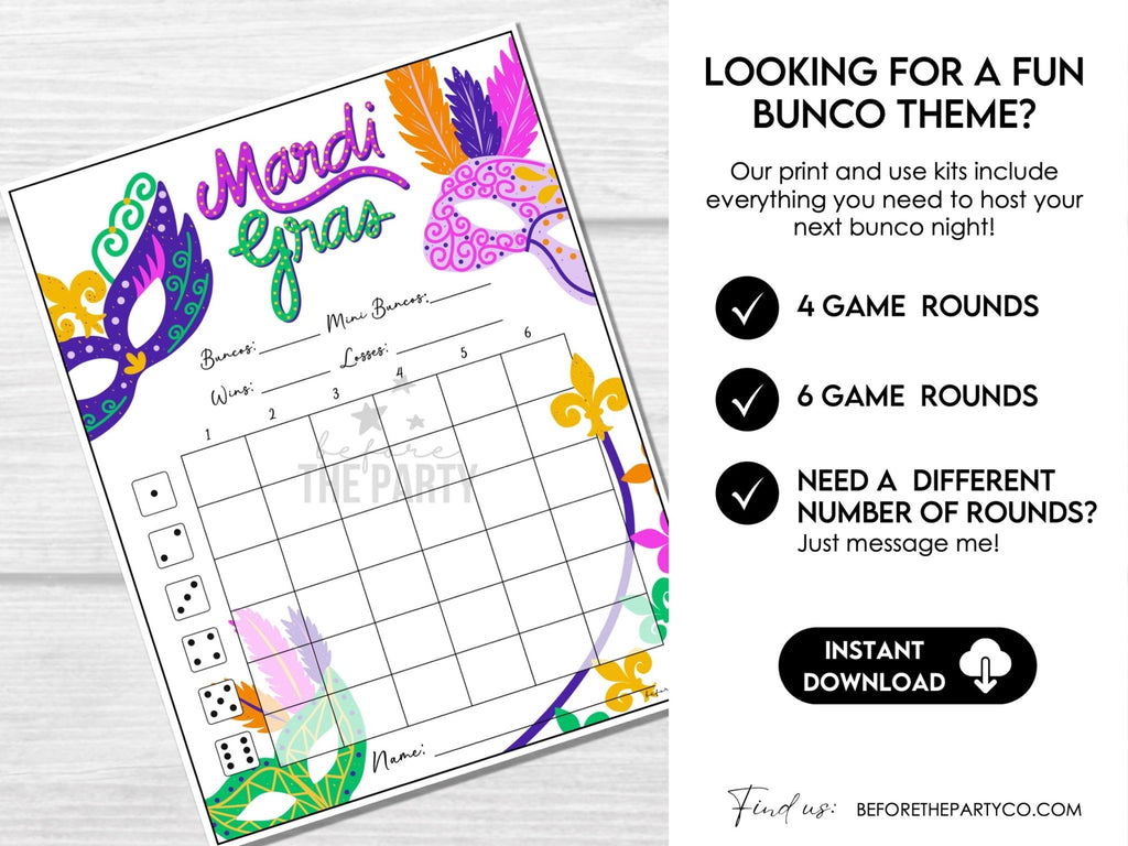 Mardi Gras Bunco Score Sheets, Bunco, Bunco Game Scorecards, 4 games, 6 games, Tally Sheets, Table Cards, Editable Invitation, Bunko - Before The Party