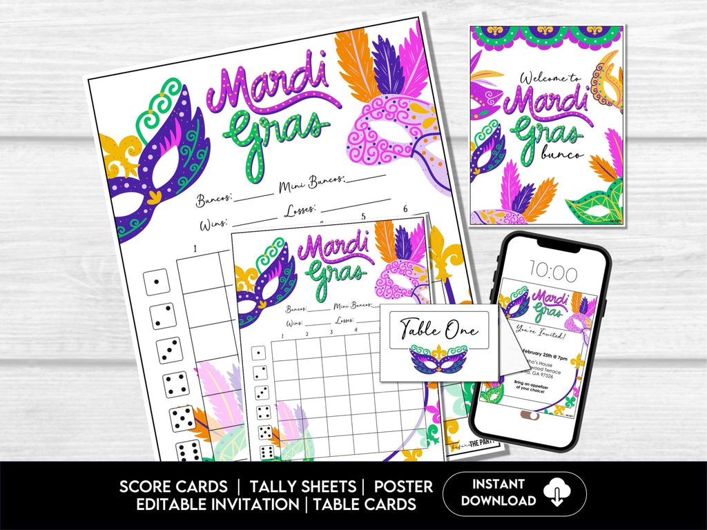 Mardi Gras Bunco Score Sheets, Bunco, Bunco Game Scorecards, 4 games, 6 games, Tally Sheets, Table Cards, Editable Invitation, Bunko - Before The Party