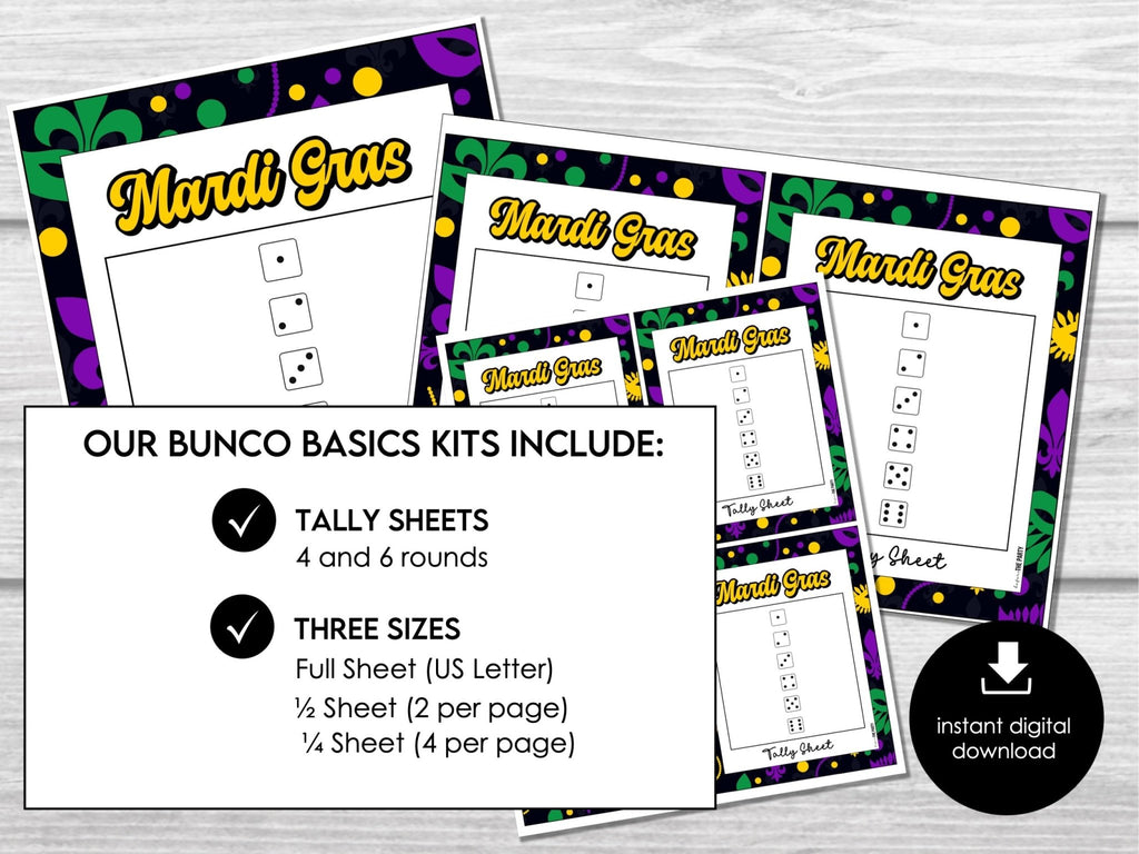 Mardi Gras Bunco Score Sheets, Bunco, Ladies Night Bunco Scorecards | 4 games | 6 games, Tally Sheets, Carnival Bunko - Before The Party