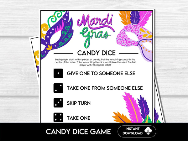 Mardi Gras Candy Dice Game, Fat Tuesday Activity for kids, Printable Mardi Gras Classroom Game, School Party Game, Pass the Candy Game - Before The Party