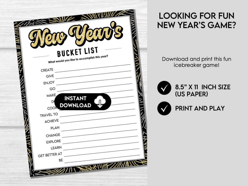 New Year Bucket List Printable, New Year Bucket List Template, New Year Resolution, Printable Goals List, Personal Goals Party Activity - Before The Party