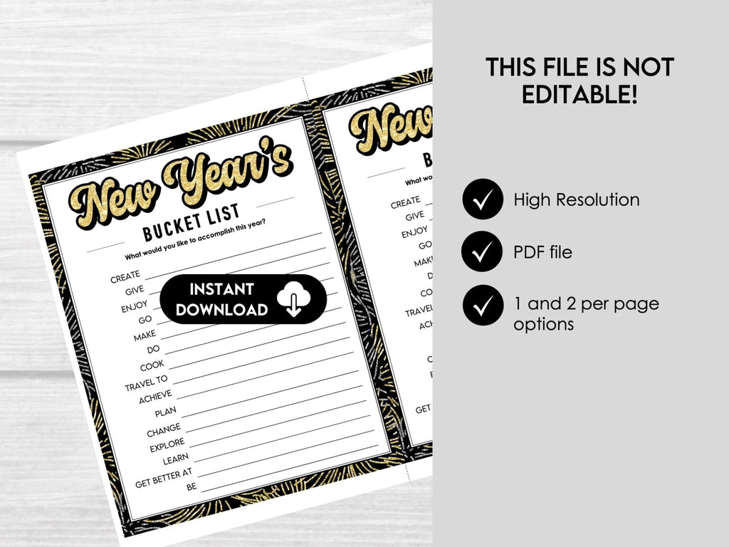 New Year Bucket List Printable, New Year Bucket List Template, New Year Resolution, Printable Goals List, Personal Goals Party Activity - Before The Party