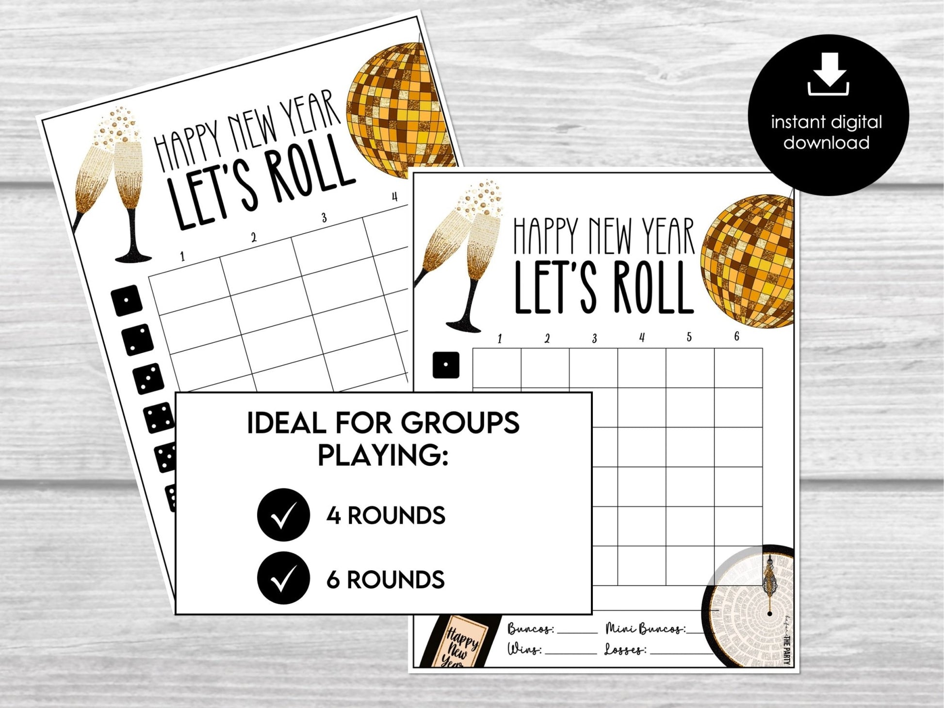 New Year Bunco Party Score Cards, Black & Gold, New Year's Eve Party Game, 4 and 6 game rounds, Holiday Bunco, January Bunco Game - Before The Party