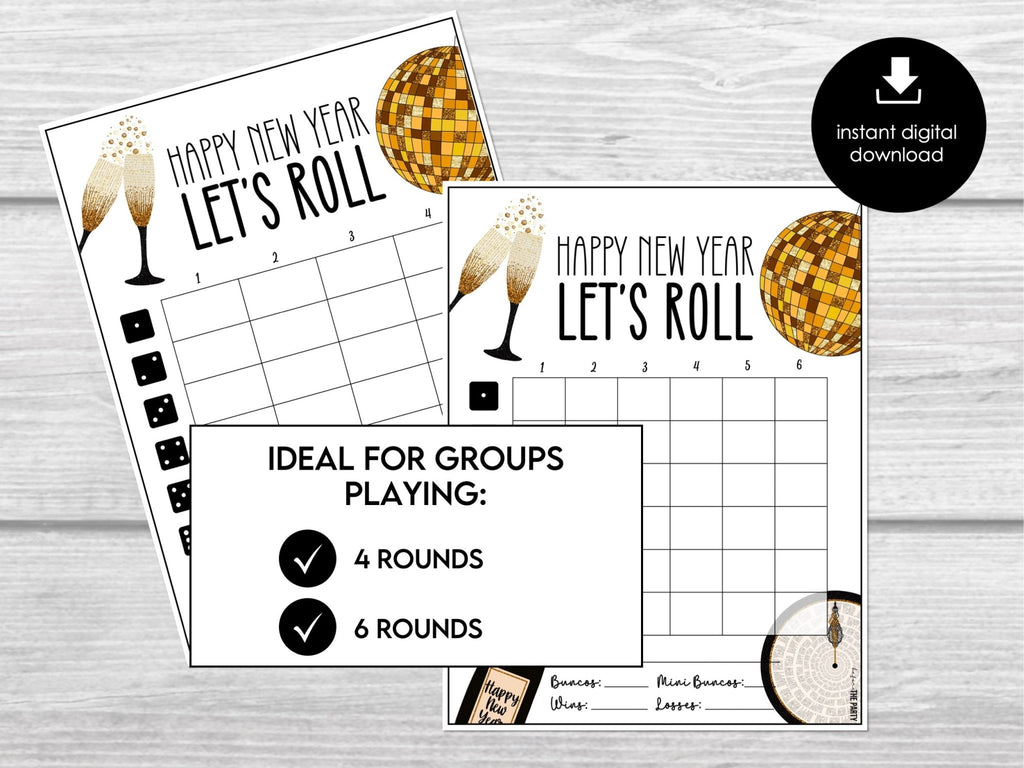 New Year Bunco Party Score Cards, Black & Gold, New Year's Eve Party Game, 4 and 6 game rounds, Holiday Bunco, January Bunco Game - Before The Party