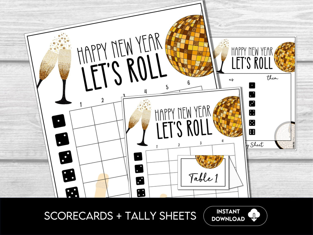 New Year Bunco Party Score Cards, Black & Gold, New Year's Eve Party Game, 4 and 6 game rounds, Holiday Bunco, January Bunco Game - Before The Party