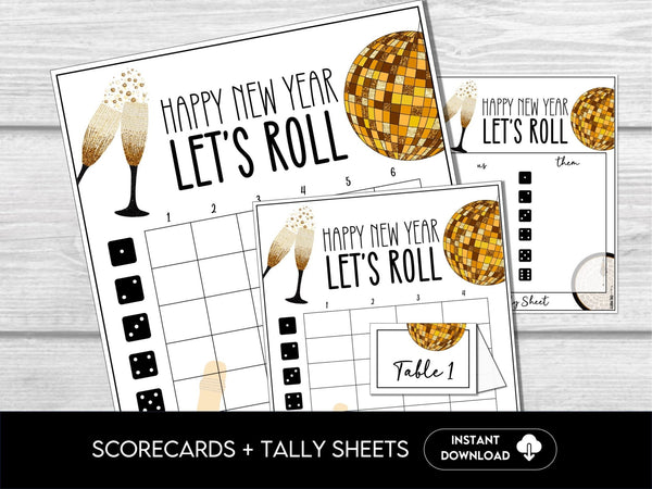 New Year Bunco Party Score Cards, Black & Gold, New Year's Eve Party Game, 4 and 6 game rounds, Holiday Bunco, January Bunco Game - Before The Party