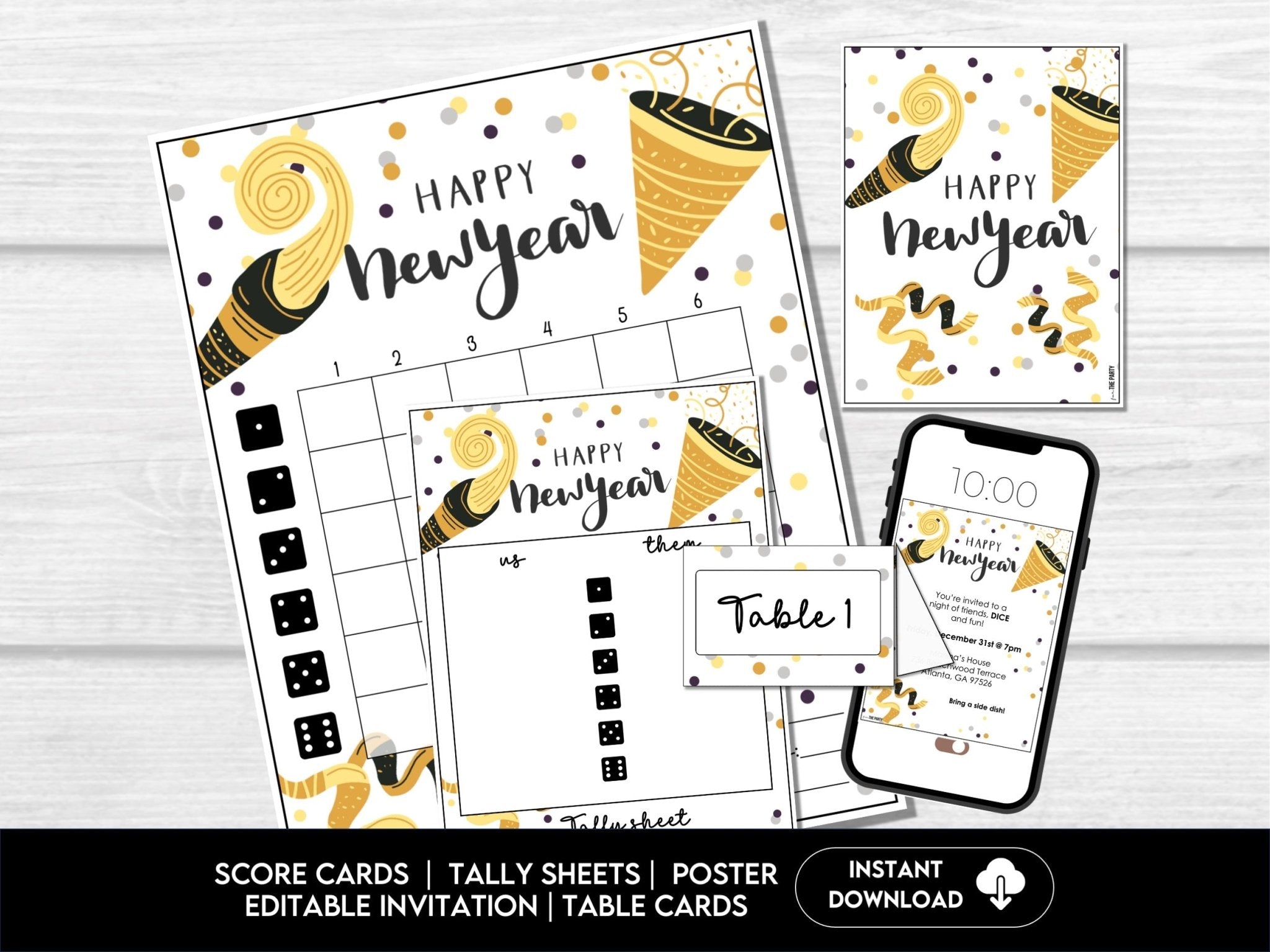 New Years Eve Bunco, Bunco Printables, Bunco Game, NYE Bunco, Bunco Score Sheets, New Years Eve Party Game, Table Cards, Score & Tally Cards - Before The Party